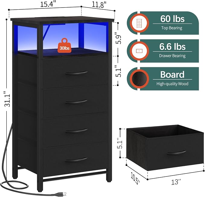 Yoobure Night Stand - Black Nightstand with Charging Station, Small Dresser | Bedside Table with 4 Fabric Drawers and Storage Shelf, LED End Table, Vertical Dressers with USB Ports and Outlets - Image 3