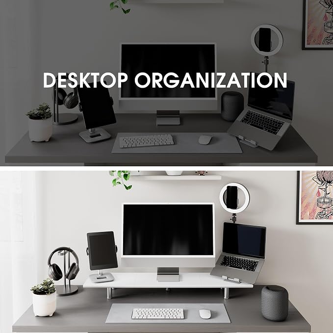 Fenge 39.4” Dual Monitor Stand with Height Adjustable Legs, White | Wooden & Steel, Ergonomic Height 3.6" to 4.4", Underneath Storage, Holds up to 99lbs, Laptop Monitor Stand for Home Office - Image 5