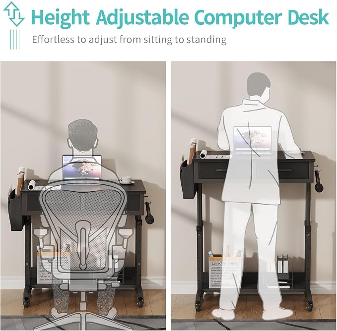 Small Portable Rolling Standing Desk - 32 Inch Adjustable Mobile Stand Up Gaming Desks with 2 Fabric Drawers on Wheels, Couch Sofa Side Laptop Table with Storage for Home Office, Black - Image 5