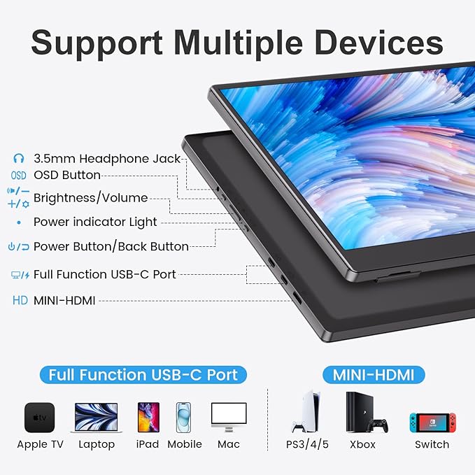 UFYQL Portable Monitor 15.6-inch FHD 1080P Ultra-Slim Travel External Monitor HDR IPS Gaming Display with Kickstand &Speakers USB-C HDMI Plug&Play，for Laptop PC Phone PS4/5 Xbox Switch - Image 5