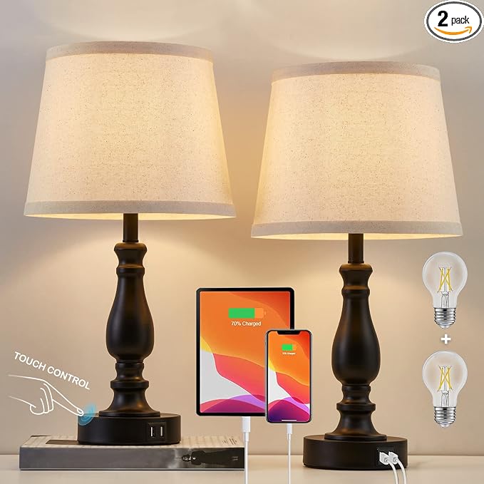 EJIAXIN Lamps for Bedroom Set of 2,Touch Bedside Table Lamp with USB C+A Ports,Dimmable Nightstand Lamps with Round Fabric Linen Lampshade for Living Room Reading Bed Side End Table,Bulbs Included by WelcometoEJIAXIN