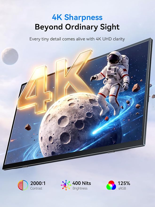 4K Portable Monitor Touchscreen 15.6'', 3840x2160 125% sRGB Laptop Monitor | UHD 10-Point Touch Ultra-Slim Travel Monitor with Kickstand, VESA, USB-C Mini HDMI Second Screen for Laptop, PC, Phone - Image 2