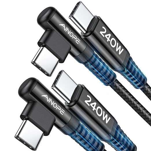 AINOPE 240W USB C to USB C Cable (3.3ft 2Pack) USB C to USB C Fast Charging Cable, Right Angle USB C Charger Cable for iPhone16 Charger Cord, MacBook Pro, iPad Pro/Air,Samsung,Black by AINOPE10yearsforphoneaccessories
