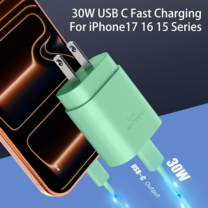 Phone 17 16 15 Charger Fast Charging,30W USB C Phone 17 16 15 Pro Max Charger Block &10FT Long Type C Cable Cord for i.Phone 17/Air/17 Pro/17 Pro Max/16/16 Plus/16 Pro/16 Pro Max/15/15 Pro Max,Green - Image 2