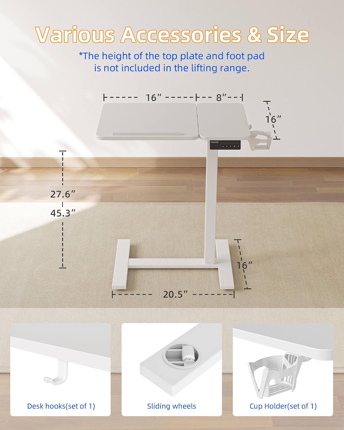 YIHAYO 24 x 16 Inches Electric Adjustable Overbed Bedside Table, White - Image 7