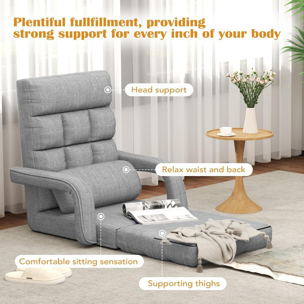 Floor Gaming Chair, 6 Position Adjustable Indoor Chaise Lounge for Teens Adults, Padded Folding Sofa with Armrests and Pillow, Comfy Chair for Meditation, Reading, Light Grey - Image 4