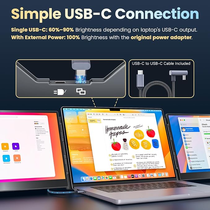 Upperizon Portable Monitor Foldable Dual Screen 15.6 inch FHD 90% sRGB 60Hz IPS USB-C Travel Monitor for Laptop Mac Windows, DisplayLink Triple Screen Extender with Kickstand - Image 3