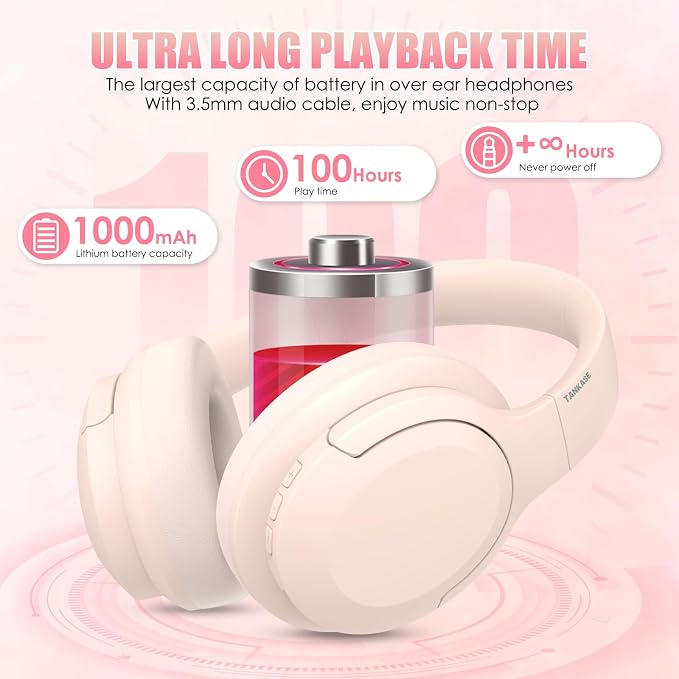 Active Noise Cancelling Headphones, Over-Ear Headphones Pink | Wireless Blutooth Headphones with100H Playtime, Built-in Microphone, Lightweight & Foldable, Deep Bass for Work/Gym/Travel - Image 3