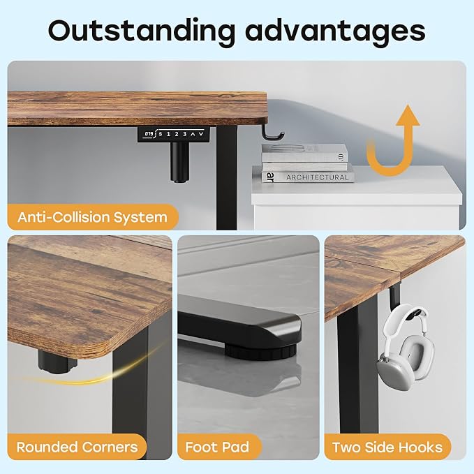 Small Electric Standing Desk, 35" Sit Stand Rising Desk | Height Adjustable Desk with 2 Hooks for Home Office, Compact Computer Workstation with Splice Board, Rustic Brown - Image 6