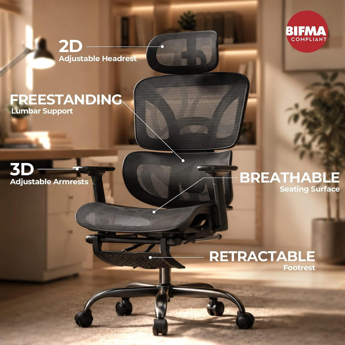 HLDIRECT Ergonomic Office Chair with Footrest, 135° Recline&Lumbar Support - Image 3