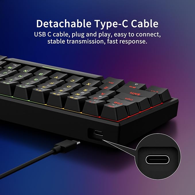 Newmen GM682 Wired Mechanical Keyboard,60% Percent Gaming Keyboard | Wired Mechanical Keyboard,60% Percent Gaming Keyboard,LED Backlit,Compact,USB C,Custom,Ergonomic,Mini,PC,Black,Red Switch - Image 6