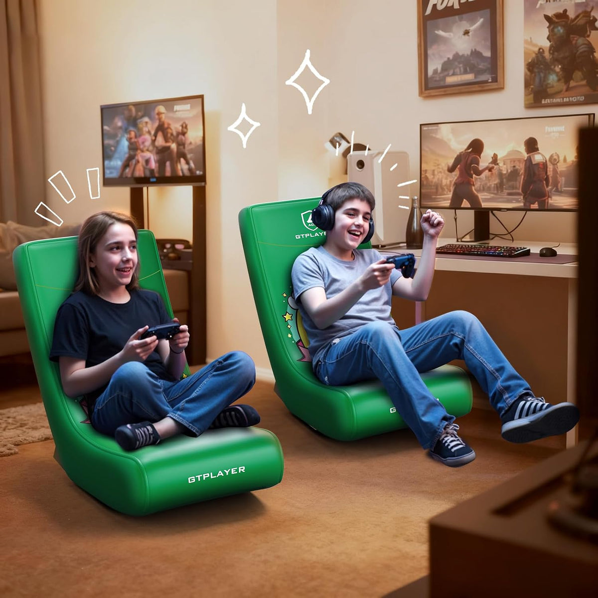 GTPLAYER Gaming Floor Rocking Chair – Rocker Floor Game Chair with Angle Limiter, Stylish Patterned Design, Comfortable Video Game Seat, Green Kitty Pattern - Image 4