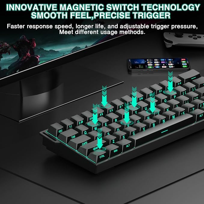 Aula MINI60 HE PRO Wireless Gaming Keyboard 60%,Hall Effect Rapid Trigger Magnetic Keyboard,8000Hz Polling,Tri-Mode(BT5.0/2.4GHz/USB-C),RGB Hot Swappable Compact Mechanical Keyboard for Gamer(Black) - Image 5