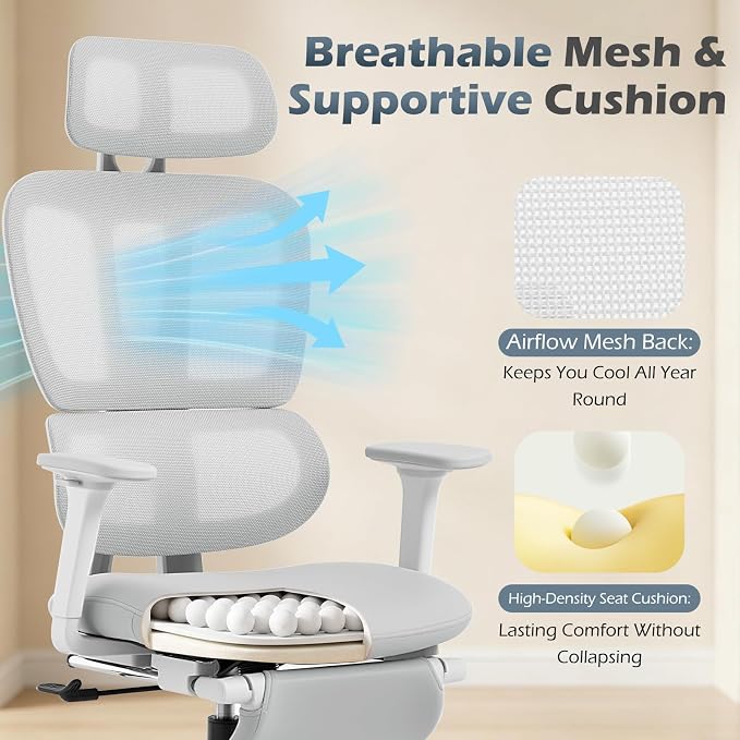Ergonomic Office Chair with Footrest and Dynamic Lumbar Support, Grey | Reclining high-back computer chair, memory foam seat, 2D armrests, 2D headrest, mesh desk chair for home office, long hours - Image 7