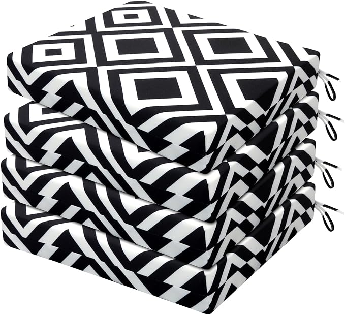 HARBOREST Outdoor Chair Cushions Set of 4, Water Resistant Patio Chair Cushions with Ties, Square Corner Outdoor Seat Cushions for Patio Furniture, 18.5"x16"x3", Black/White Diamond by HARBOREST