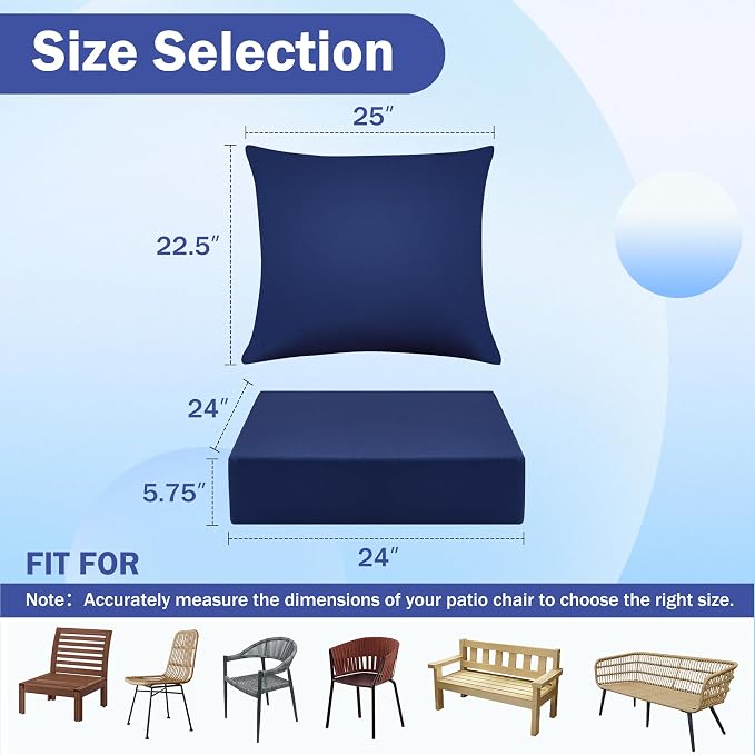 Outdoor Chair Cushions, 24 x 24 Inch Outdoor Cushion for Patio Furniture, Patio Chair Cushion, Waterproof & Fade Resistant Deep Patio Furniture Cushions Set with Handle and Ties, Navy Blue (Set of 6) - Image 2