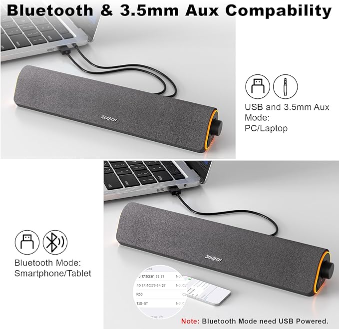 SOULION Bluetooth Computer Speakers for Desktop Monitor PC USB Powered | USB Powered & 3.5mm, Colorful LED Lights, Switch Button Clear & Rich Sound, Breathable Cloth,Surround Soundbar - Image 4