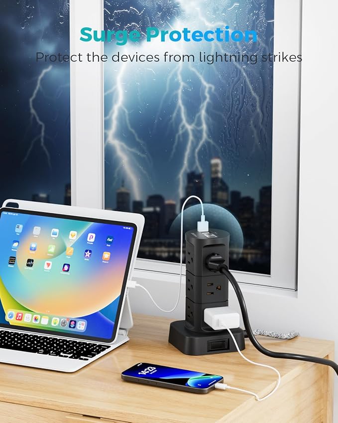 Charging Station Tower, Power Strips with Surge Protection, Flat Plug | Office Desk Supplies, Dorm Essentials, 6Ft Extension Cord with Multiple Outlets, 12 Outlets 4 USB Ports, 1875W/15A 1080J - Image 7