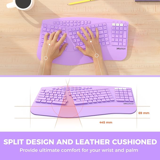 MEETION Wireless Ergonomic Keyboard, Split Design with Wrist Rest, Purple | Comfortable split keyboard with Bluetooth connection, rechargeable and wrist rest, ideal for home office and computer use - Image 3