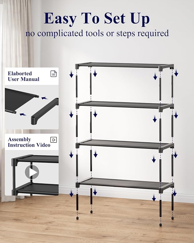 Kitsure Shoe Rack - Non-Woven Shoe Rack Shelf, Shoe Organizer for Closet, Entryway, Garage & Corridor, Stackable Shoe Shelves, X-Large, Black | Shoe Organizer for Closet, Entryway, Garage, Stackable Shoe Shelves, college dorm&apartment essentials - Image 5