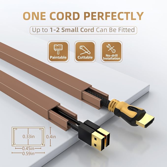 Delamu Cord Hider, 85in Cord Covers for Wires on Wall, One-Cord Cable Hider, Self-Adhesive Wire Hiders Wire Covers for TV Cords on Wall, Paintable Cable Cover Management Kit, W0.59 H0.4in, Brown - Image 2