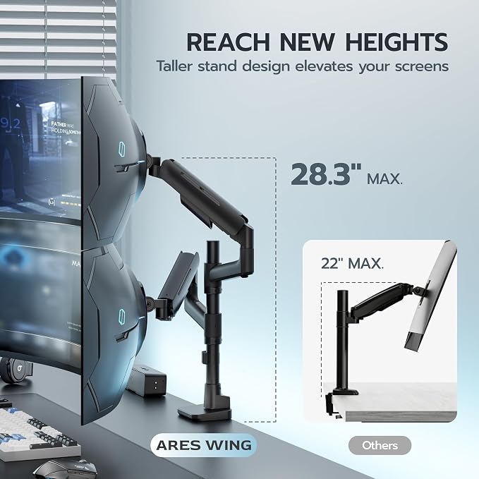 ARES WING Dual Monitor Mount for 17-49 Inch Screen, Black | Ultrawide Heavy Duty Computer Monitor Arm Desk Mount for Curved Screen, Gas Spring Adjustable Vesa Stand - Image 3