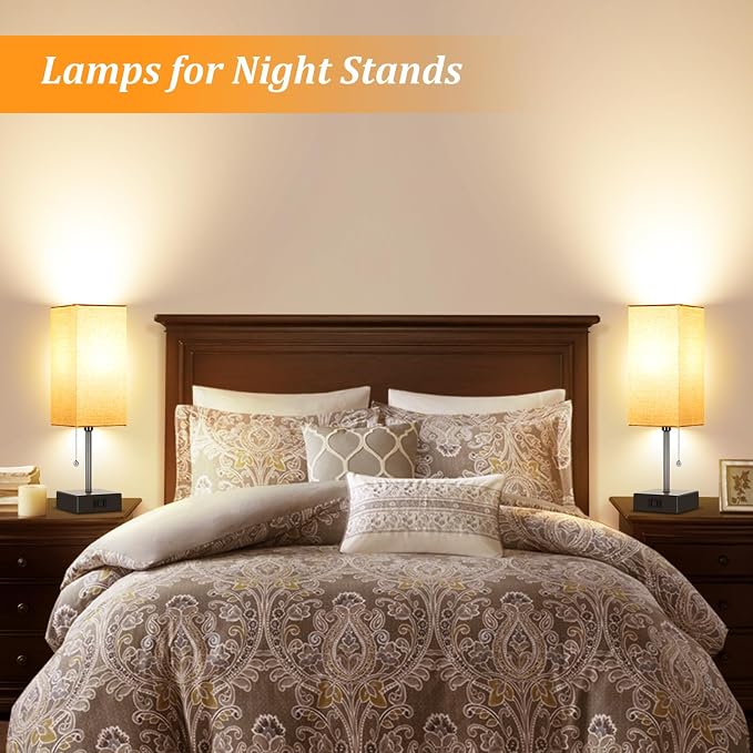 15'' Bedside Table Lamp for Bedroom Small Night Light Lamps for Night stand | Pull Chain Table Lamps for Night stands with AC Outlet，desk lamp with 2 Bulbs Lamp for Living Room Kids Room Office Decor - Image 5