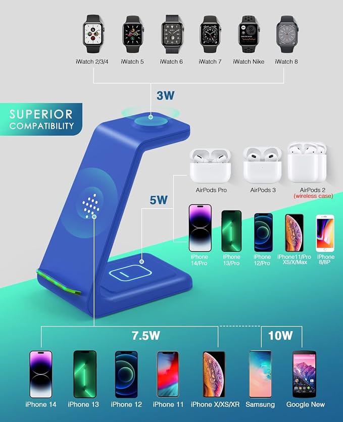 3 in 1 Wireless Charging Station, 2026 Upgraded Fast Desk Charger Station for iPhone 17 16 15 14 13 12 Pro Max Plus, Charger Stand for Apple Watch 10 9 8 7 6 5 4 3 2 SE, Airpods 4 3 2 Pro(Blue) - Image 2