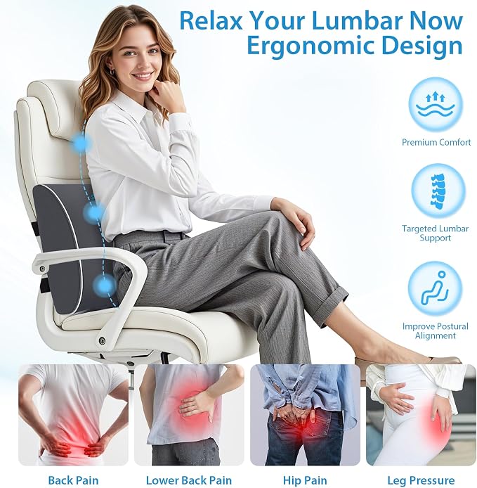 SweetSlubr Lumbar Support Pillow for Office Chair, Back Suppor(Gray,XL) | 4.7" Thick, Memory Foam, Adjustable Straps, Machine Washable Mesh Cover, Lower Back Pain Relief for Office, Car & Gaming - Image 2
