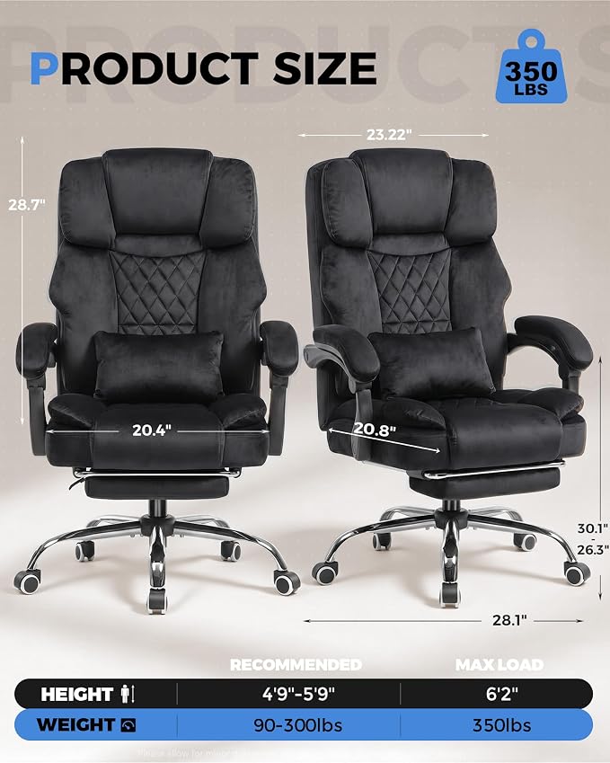 GTPLAYER Big and Tall Office Chair with Pocket Spring Cushion & Ergonomic Lumbar Support for Lower Back Pain Relief, High Back Computer Gaming Chair with Foot Rest, Soft Velvet Fabric, Black - Image 2