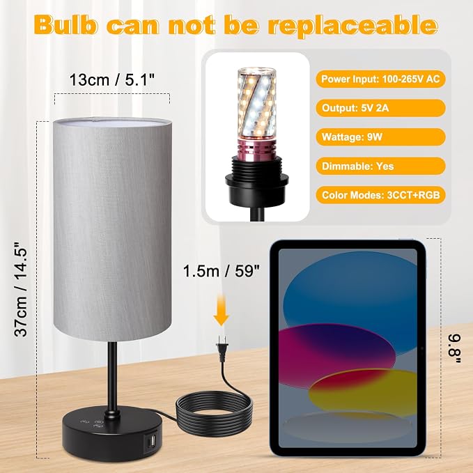 Table Lamp for Bedroom, 3 Color Temperatures, 7 RGB Colors, Adjustable Brightness, Dual USB Charging Ports, Ambience Nightstand Light with Grey Shade, Desk Lamp for Kids Reading Home Office - Image 2
