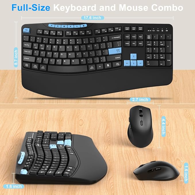 Wireless Keyboard and Mouse Combo, 2.4G Ergonomic Wave Keys(Blue Black) | Full Size Keyboard with 6 Multimedia Keys, Ergonomic Keyboard with Wrist Rest, 3-Level DPI Silent Mouse for Windows/Laptop/PC - Image 7