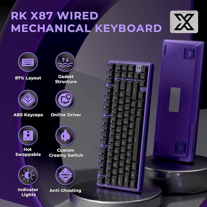 RK ROYAL KLUDGE X87 Mechanical Keyboard 75% Wired Keyboard Gaming with 86 Keys, Gasket Mount, Ice-Blue Backlight, Purple Shell Design, Software Support, Hot-Swappable Creamy Switch Black - Image 2