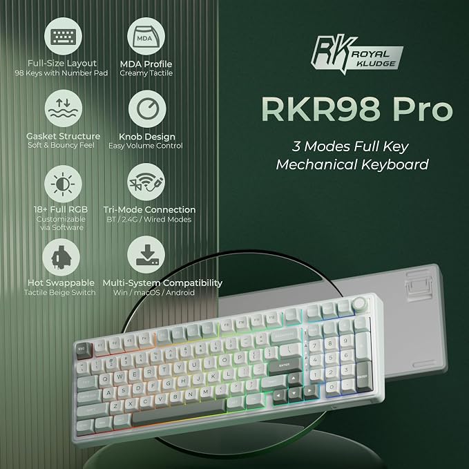 RK ROYAL KLUDGE R98 Pro Wireless Mechanical Keyboard, Creamy Bluetooth/2.4GHz/Wired RGB Gaming Keyboard with Number Pad and Knob, MDA Profile PBT Keycaps, Gasket Hot Swappable Tactile Switch, Cyan - Image 2