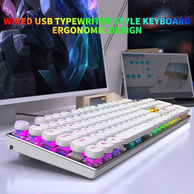 HUO JI E-Yooso Z-88 Wired Typewriter Style Mechanical Keyboard, White | Programmable RGB Backlit, Clicky Blue Switches, Detachable USB-C Cable, Metal Panel, 104 Double-Shot Keycaps for PC Gaming - Image 2