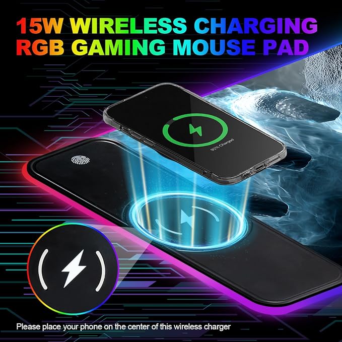 Wireless Charging RGB Gaming Mouse Pad, 31.5 x 11.8 Inch Extended Mouse Mat with Dark Skull Design, LED Desk Pad with 7 Lighting Modes, Non-Slip Base for Gaming & Office - Image 6