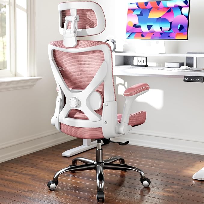 Ergonomic Office Chair:Home Office Desk Chairs with Headrest Lumbar Support | Ergalithic Ergonomic Desk Chair X-Shaped Mesh PU Leather Executive Computer Chair High Back Flip-Up Arms for Long Hour(DPink) - Image 2