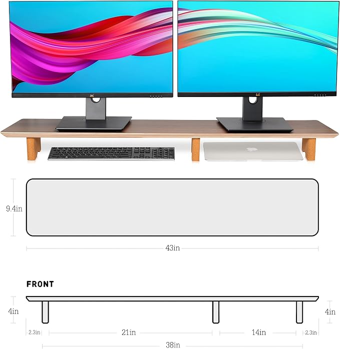 Aothia Solid Wood Dual Monitor Stand Riser for Desk, 43 Inch Black Walnut Computer Monitor Riser with Cork Legs, Extra Long Desktop Organizer Shelf for 2 Monitors, Laptop & Printer - Image 4