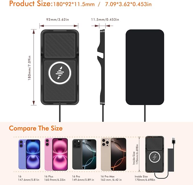 Wireless Car Charger Pad for iPhone 17/16/15/14/13/12 & Samsung, Non Slip Fast Wireless Charging Pad for Car Dashboard Console, Portable USB A Phone Charger for Vehicle SUV Truck Travel - Image 3