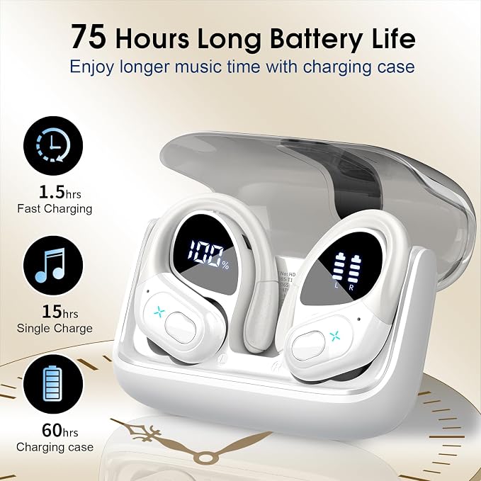 Wireless Earbuds 75H Bluetooth 5.4 Sport Headphones with Earhooks, White | IPX7 Waterproof In-ear Buds Feature ENC Noise Cancelling Mic & Deep Bass. Stereo Sound Device for Gym Running Workout - Image 2