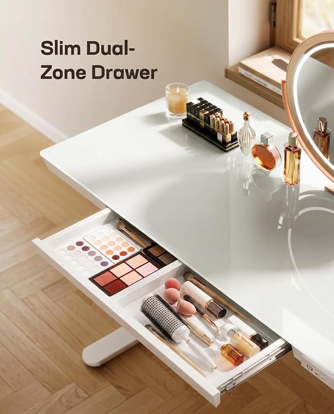 Marsail 47.24 inch Glass Standing Desk with 2-Zone Drawer Storage, White | Storage drawer, one-piece tabletop, two USB charging ports, sit stand design, 28.3–46.5 inch height range, home office use - Image 6