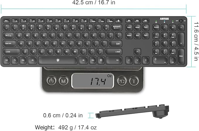 Arteck Universal Backlit 7-Colors & Adjustable Brightness Multi-Device Full Size Wireless Bluetooth Keyboard for Windows, iOS, iPad OS, Android, Computer Desktop Laptop Surface Tablet Smartphone - Image 5