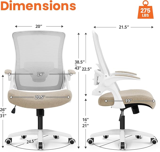 NEO CHAIR Office Desk Chair High Back Mesh Chair Adjustable Lumbar, Beige | Ergonomic High-Back Design with Breathable Mesh, Flip-Up Armrests, Comfortable Support for Home office or Computer Work - Image 2