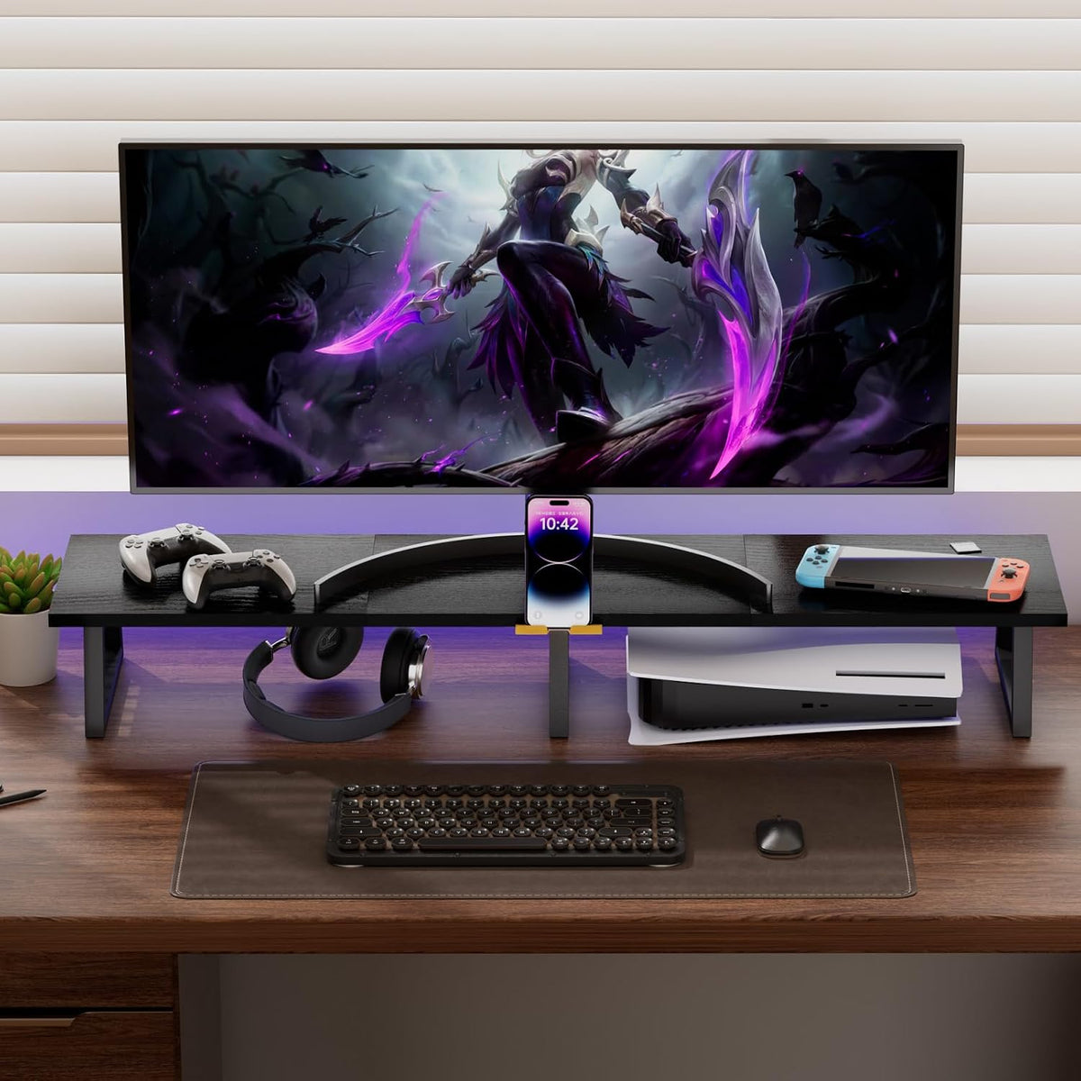 TEAMIX 42 inch Dual Monitor Stand Riser with Storage Drawer for Desk, Black - Image 6