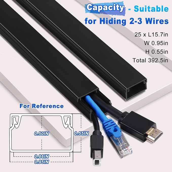 392.5in Wire Covers for Cords Kit-Black Cord Cover Wall, Wire Hiders for TV on Wall, TV Cable Hider Wall Kit for Wire Cover, Cord Hider Wall Mounted TV, Cord Concealer, 25 x L15.7 W 0.95H 0.55in - Image 2