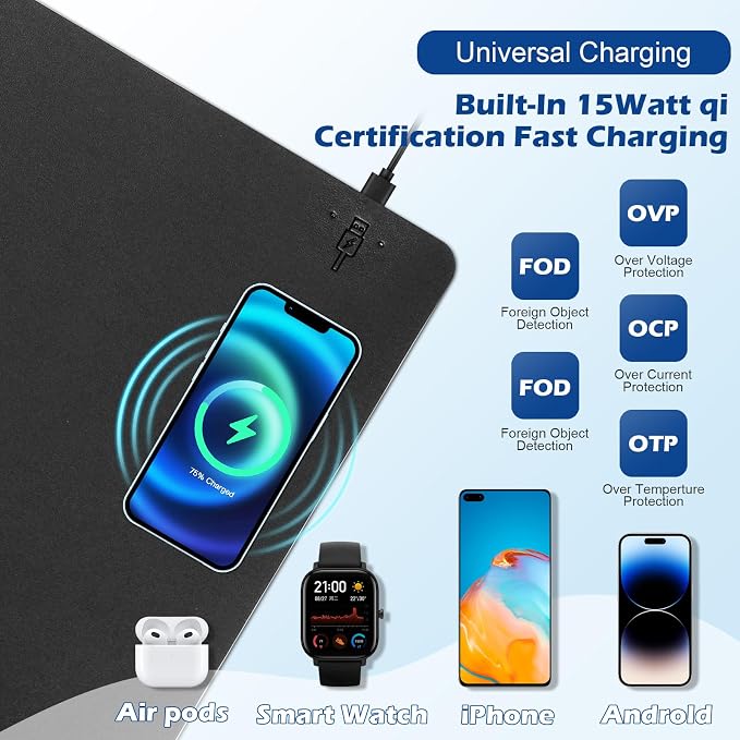 Wireless Charging Desk Mat, Mouse Pad,Black-R, 32 * 16inch | Desk Pad for Desktop Charging, Large Mouse Pad, Waterproof Leather Computer Mat, Non-Slip Protector, For Keyboard and Mouse - Image 4