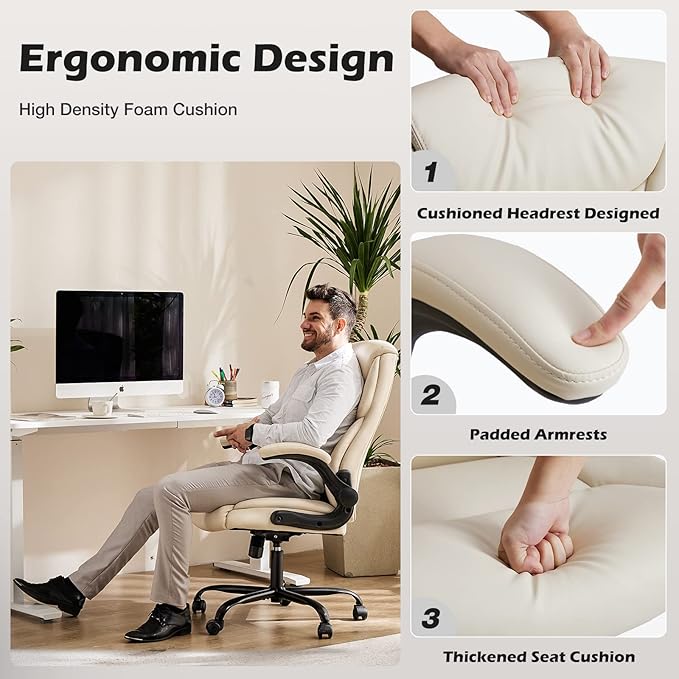 OLIXIS PU Leather Desk Chair, Ergonomic Office Chair, Flip-up Armrest | High Back, Swivel Rolling Wheels, Heavy Duty, 275lbs,Comfortable,Executive, White - Image 4