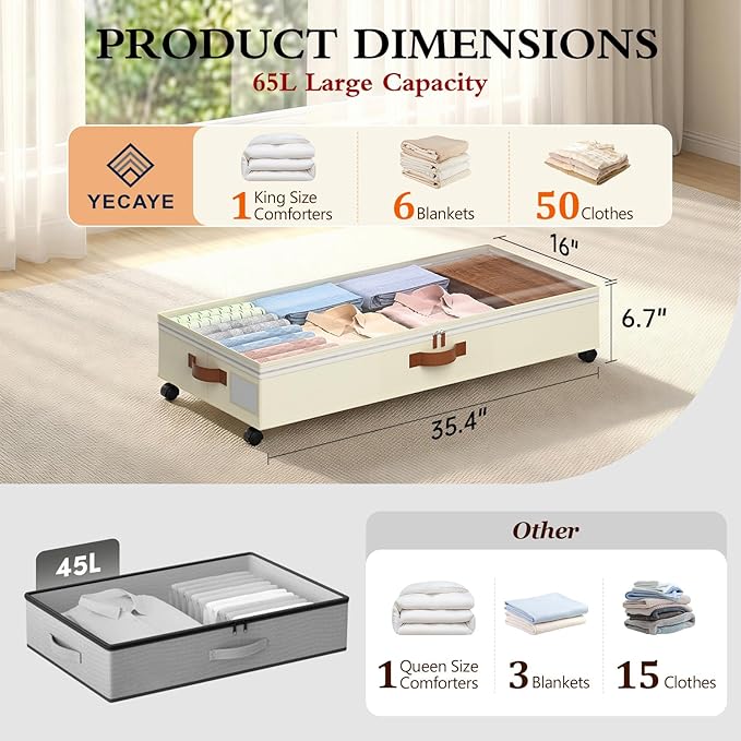 Yecaye Under Bed Storage with Wheels, 65L Under Bed Storage Containers with Adjustable Dividers & Clear Lid, Rolling Underbed Organizer Bins Drawer for Clothes, Shoes, Blankets, 2 Pack - Image 2