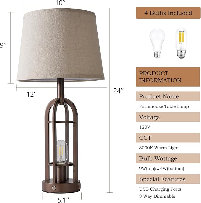 SRJJA 24" Table Lamps for Living Room Set of 2, Rustic Farmhouse 3-Way Dimmable Touch Industrial Bedside Lamps with USB A+C for Bedroom Nightstand，4 Bulbs Included - Image 7