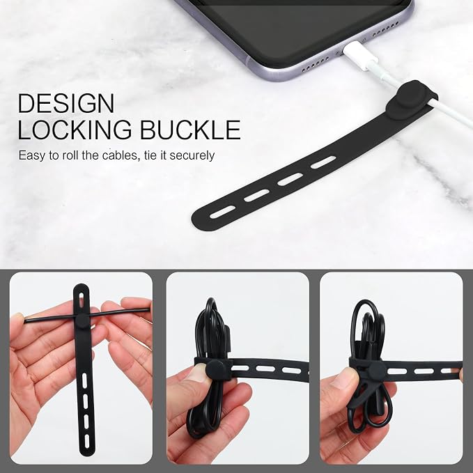 Donruby 24Pcs Silicone Cable Ties, Reusable Cord Organizer Straps, 2 Colors | Adjustable, Multipurpose, 5.12" High-Elasticity Cord Wraps for Bundling Electronics, Home Office Travel Essentials - Image 5